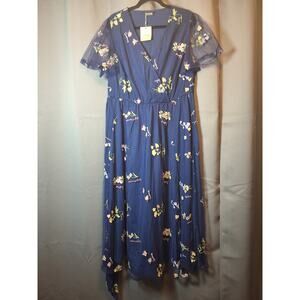 BloomChic Floral Embroidered Maxi Dress with Sheer Flutter Sleeves in Navy